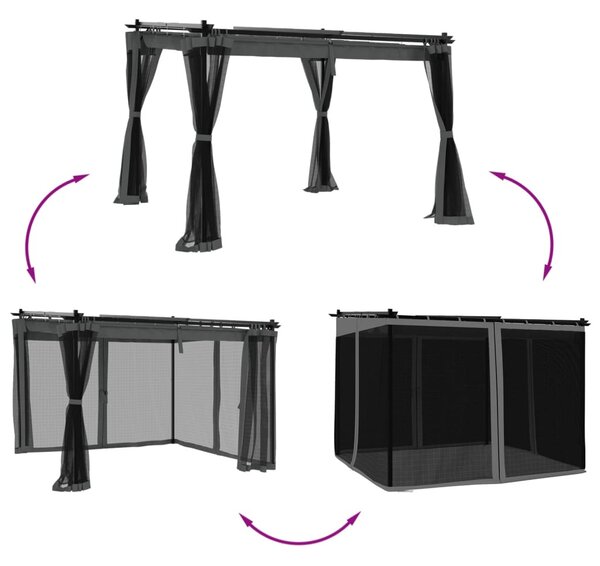 Antracitszürke acél pavilon hálós oldalakkal 3 x 3 m