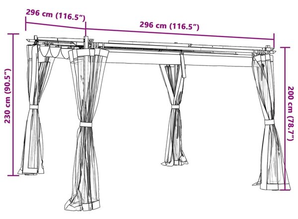 Antracitszürke acél pavilon hálós oldalakkal 3 x 3 m