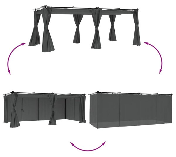 Antracitszürke acél pavilon függönyökkel 6 x 3 m