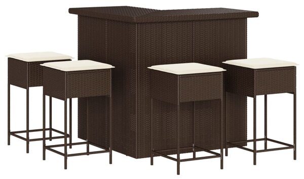 5 részes barna polyrattan kerti bárszett párnákkal