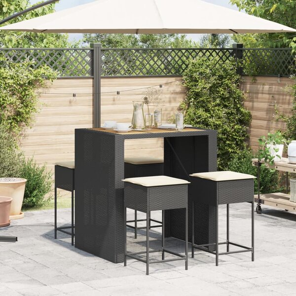 5 részes fekete polyrattan kerti bárszett párnával