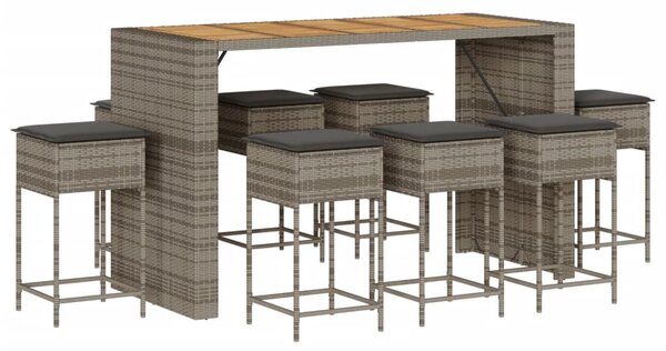 9 részes szürke polyrattan kerti bárszett párnával