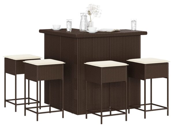 5 részes barna polyrattan kerti bárszett párnákkal