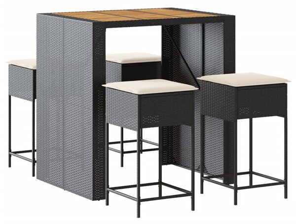 5 részes fekete polyrattan kerti bárszett párnával