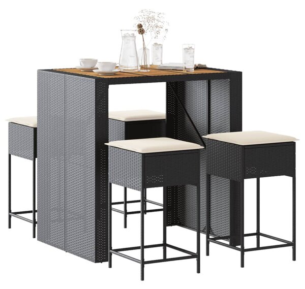 5 részes fekete polyrattan kerti bárszett párnával