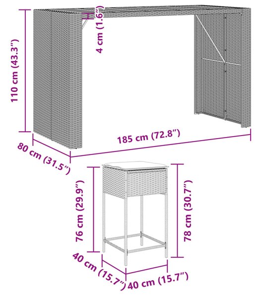 9 részes szürke polyrattan kerti bárszett párnával