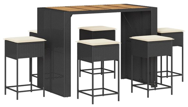 7 részes fekete polyrattan kerti bárszett párnákkal