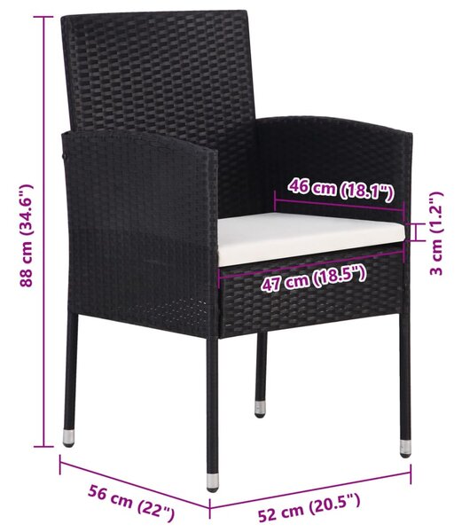 4 db fekete polyrattan kerti szék krémfehér párnákkal