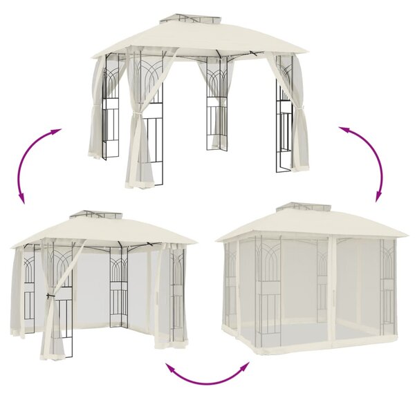 Krémszínű acél dupla tetős pavilon hálós falakkal 2,94 x 2,94 m