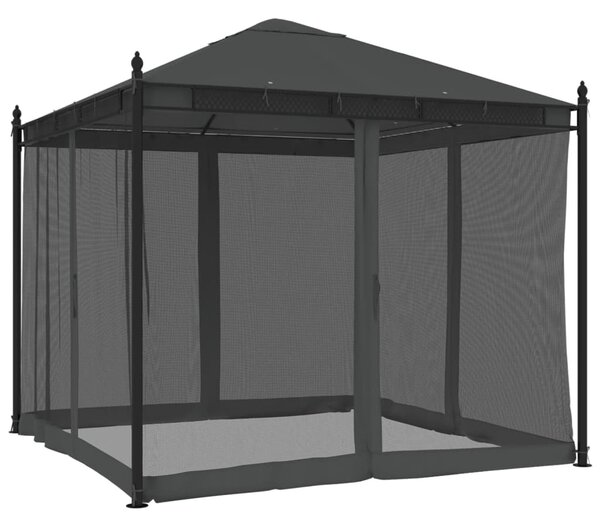 Antracitszürke acél pavilon hálós oldalakkal 2,93 x 2,93 m