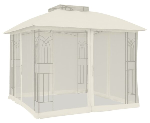 Krémszínű acél dupla tetős pavilon hálós falakkal 2,94 x 2,94 m