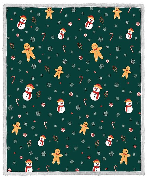 SNOWMAN AND GINGERBREAD karácsonyi sötétzöld mikroplüss báránytakaró Méret: 200 x 220 cm