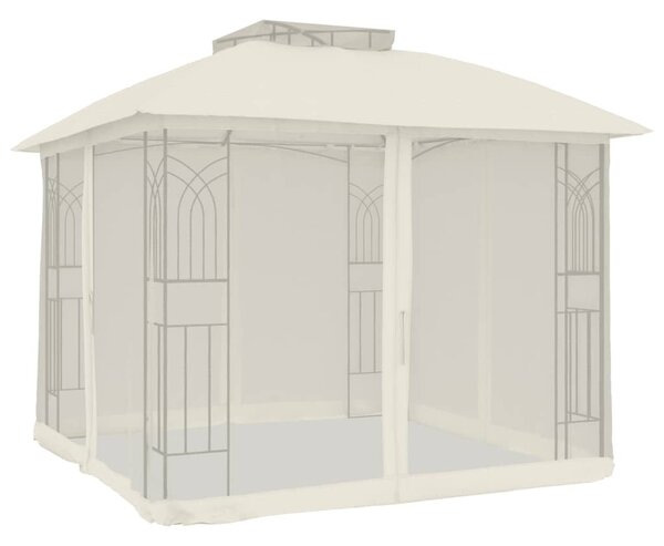 Krémszínű acél dupla tetős pavilon hálós falakkal 2,94 x 2,94 m