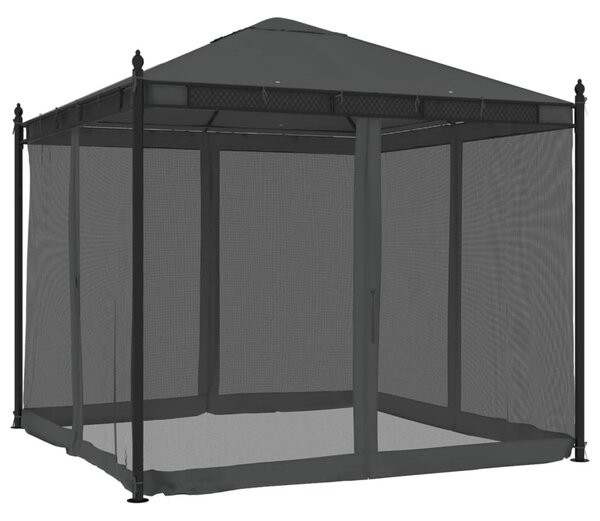 Antracitszürke acél pavilon hálós oldalakkal 2,93 x 2,93 m