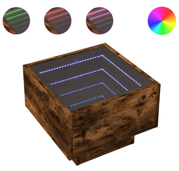 Füstös tölgy színű szerelt fa kisasztal LED-del 40 x 40 x 30 cm