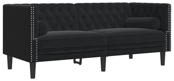 2 személyes fekete bársony Chesterfield kanapé hengerpárnákkal