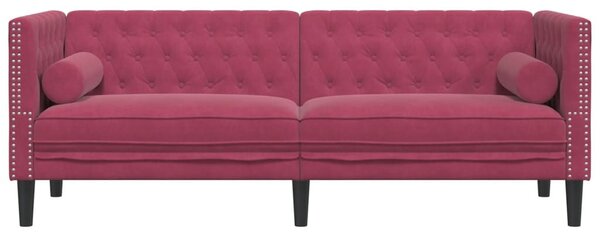 3 személyes bordó bársony Chesterfield kanapé hengerpárnákkal