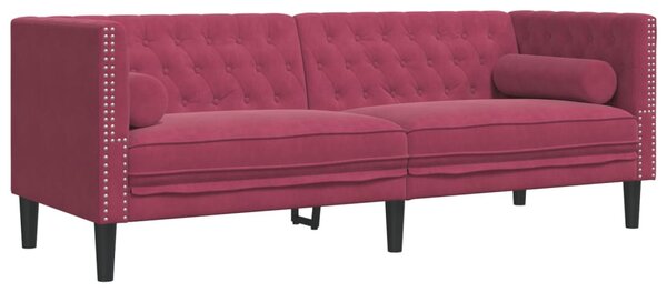 3 személyes bordó bársony Chesterfield kanapé hengerpárnákkal