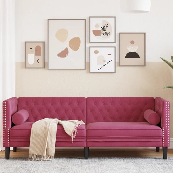 3 személyes bordó bársony Chesterfield kanapé hengerpárnákkal
