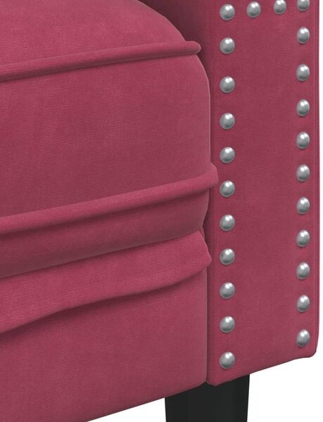 3 személyes bordó bársony Chesterfield kanapé hengerpárnákkal