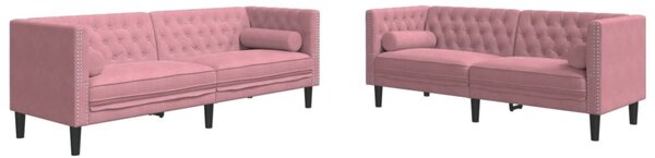 2 részes rózsaszín bársony Chesterfield kanapészett párnákkal