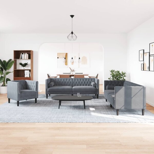 3 részes sötétszürke bársony Chesterfield kanapészett párnákkal