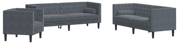 3 részes sötétszürke bársony Chesterfield kanapészett párnákkal