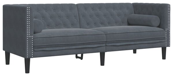 3 részes sötétszürke bársony Chesterfield kanapészett párnákkal