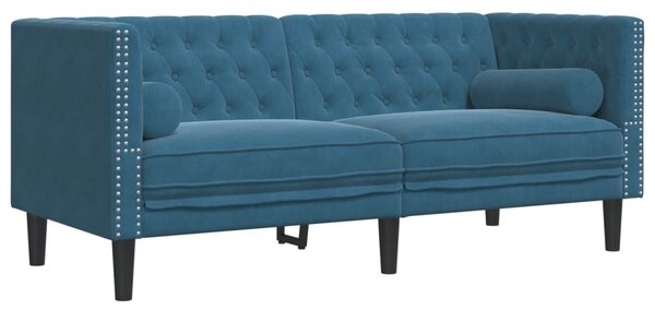 3 részes kék bársony Chesterfield kanapészett hengerpárnákkal