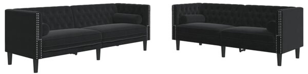 2 részes fekete bársony Chesterfield kanapészett párnákkal