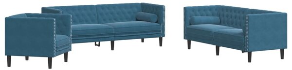 3 részes kék bársony Chesterfield kanapészett hengerpárnákkal