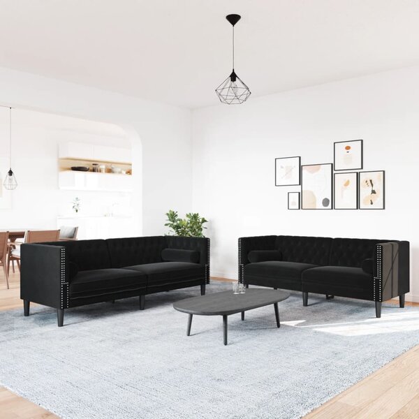 2 részes fekete bársony Chesterfield kanapészett párnákkal