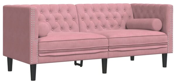2 részes rózsaszín bársony Chesterfield kanapészett párnákkal