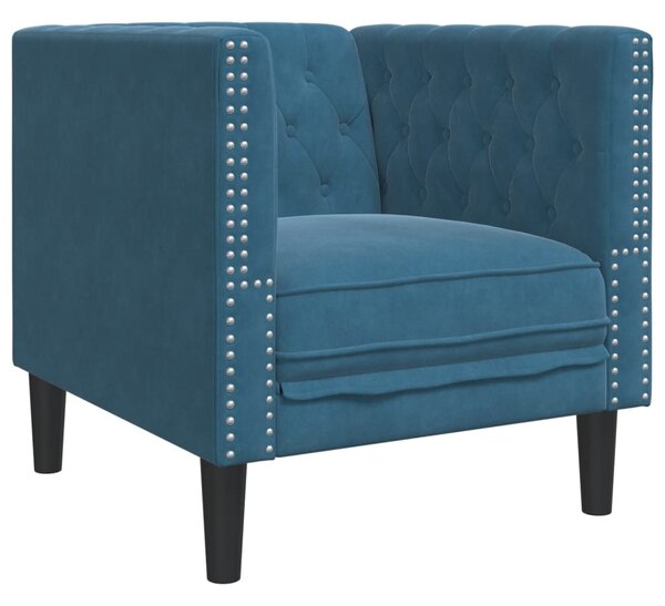 3 részes kék bársony Chesterfield kanapészett hengerpárnákkal