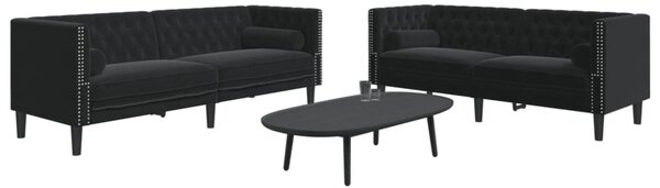 2 részes fekete bársony Chesterfield kanapészett párnákkal