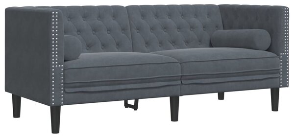 3 részes sötétszürke bársony Chesterfield kanapészett párnákkal