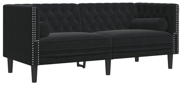 2 részes fekete bársony Chesterfield kanapészett párnákkal