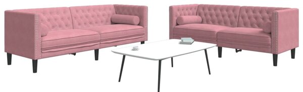 2 részes rózsaszín bársony Chesterfield kanapészett párnákkal