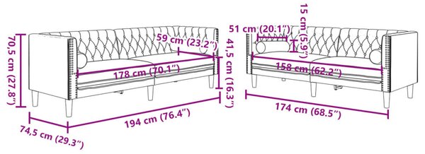 2 részes rózsaszín bársony Chesterfield kanapészett párnákkal