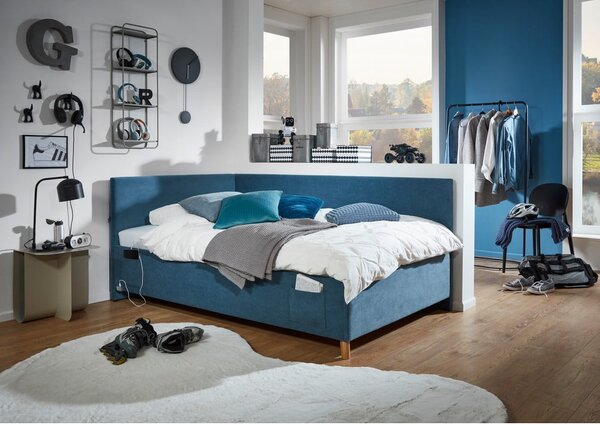 Kék kárpitozott ágyneműtartós sarok gyerekágy ágyráccsal 120x200 cm Cool – Meise Möbel