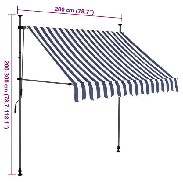 Kék és fehér kézzel kihúzható LED-es napellenző 200 cm