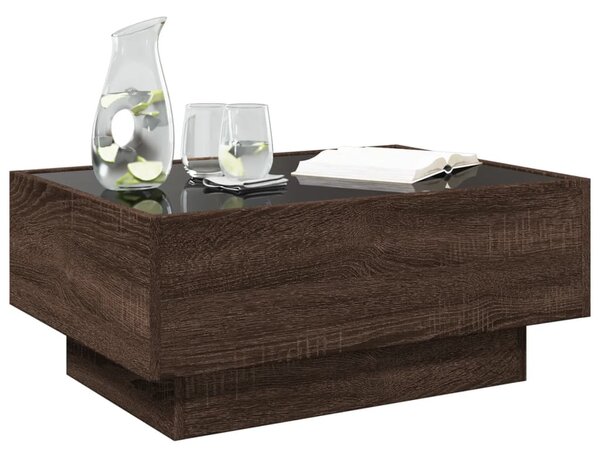 Barna tölgy szerelt fa dohányzóasztal LED-del 70 x 50 x 30 cm