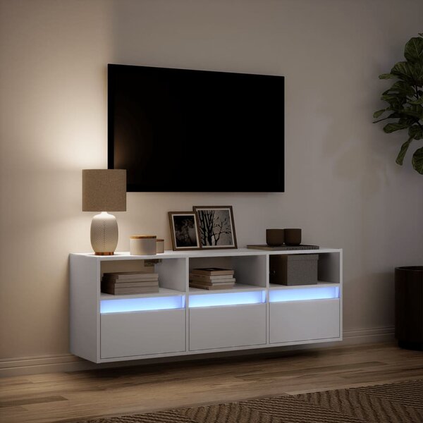 Fehér falra szerelhető TV-szekrény LED-lámpákkal 130x31x45 cm