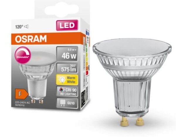 Osram GU10 LED SStar+ 6,7W 575lm 2700K melegfehér, szabályozható 120° - 46W izzó helyett