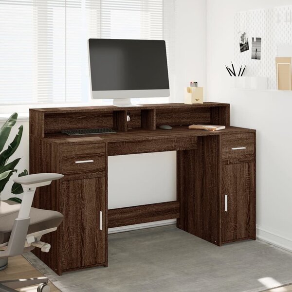 Barna tölgy színű szerelt fa íróasztal LED-ekkel 140x55x91 cm