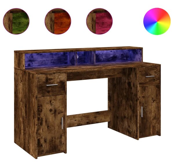 Füstös tölgy színű szerelt fa íróasztal LED-ekkel 140x55x91 cm