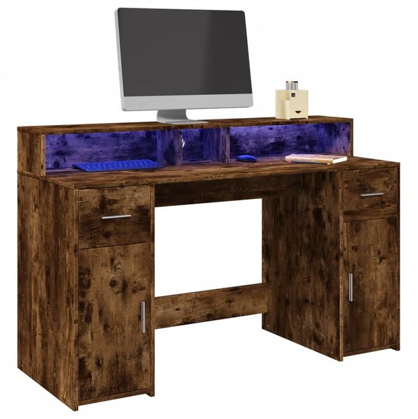 Füstös tölgy színű szerelt fa íróasztal LED-ekkel 140x55x91 cm