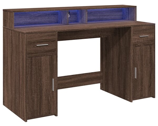 Barna tölgy színű szerelt fa íróasztal LED-ekkel 140x55x91 cm