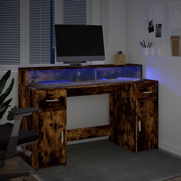 Füstös tölgy színű szerelt fa íróasztal LED-ekkel 140x55x91 cm