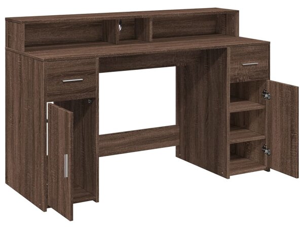 Barna tölgy színű szerelt fa íróasztal LED-ekkel 140x55x91 cm